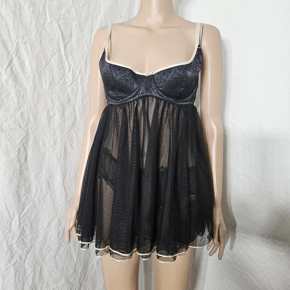 Victoria's Secret Black Sheer Mesh Babydoll Chemise with Cream Trim